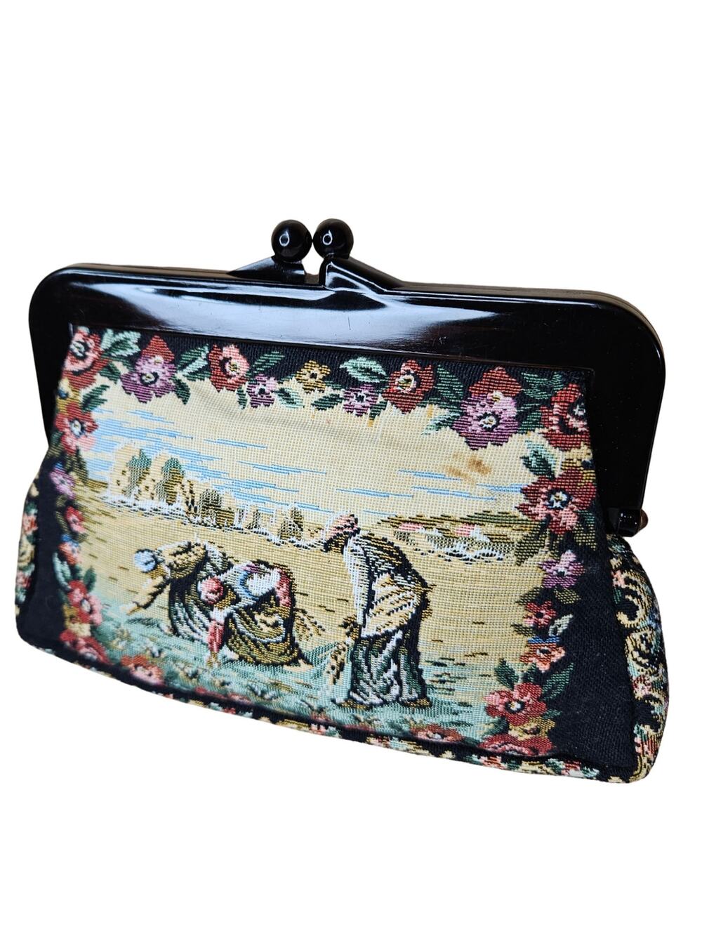 1950s Tapestry Clutch Black Woven Handbag French County Plantation Scene Walborg